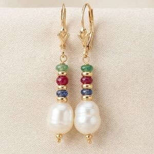 14K Gold Ruby Emerald Sapphire Pearl Earrings